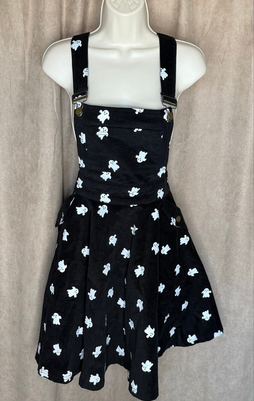 Unique Vintage Black Corduroy with Ghosts Brionne Pinafore Skirt M NWOT